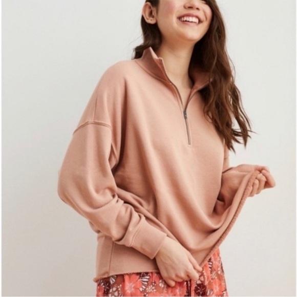 aerie Tops - Aerie Sunday Soft Quarter Zip Sweatshirt Tan XS